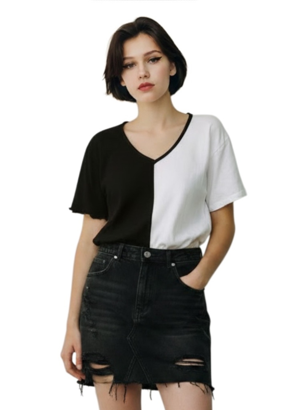 YMI COLLECTIONS M Half Black Half White Ribbed Tee Lettuce Trim